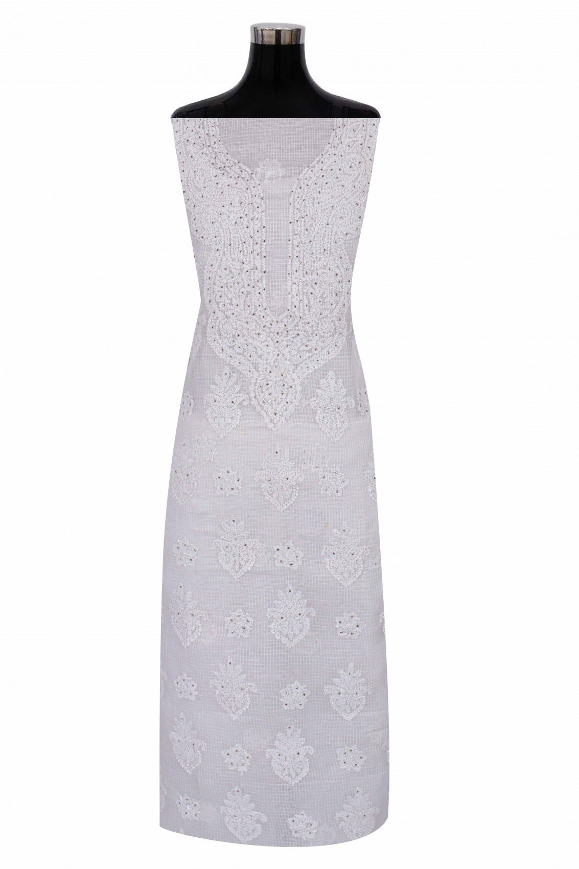 Ada Hand Embroidered White Kota Lucknowi Chikan Unstitched Kurta Piece With Muqaish Work A619162