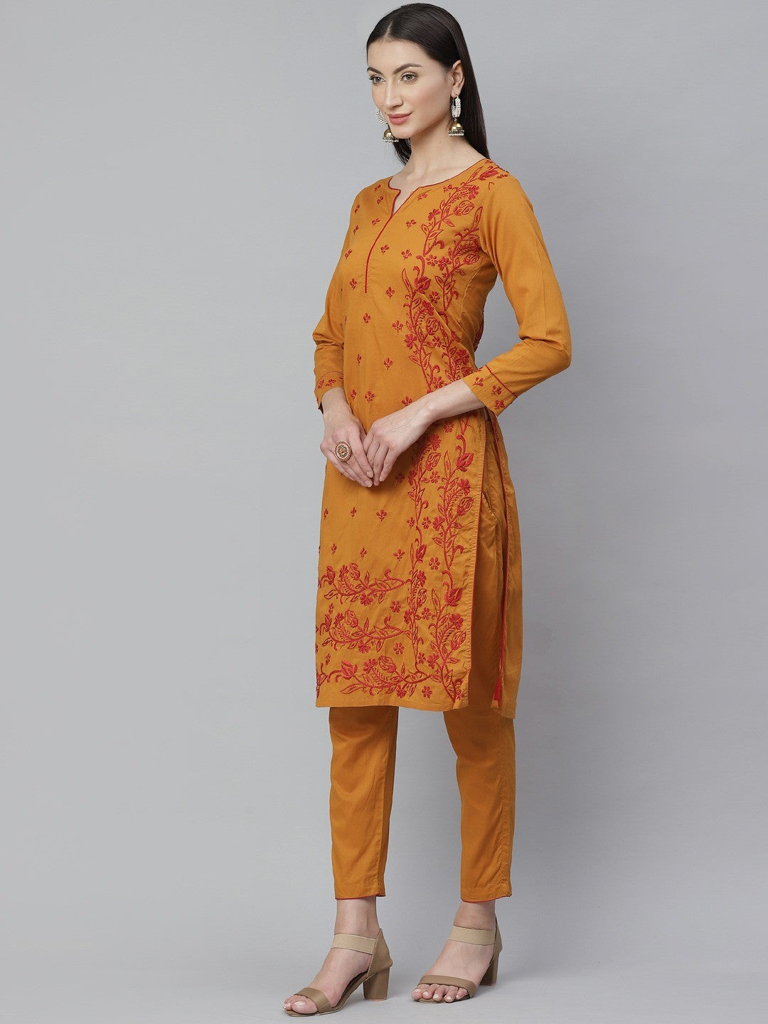 Ada Hand Embroidered Mustard Cotton Lucknowi Chikankari Straight Kurta With Trouser Set A811131