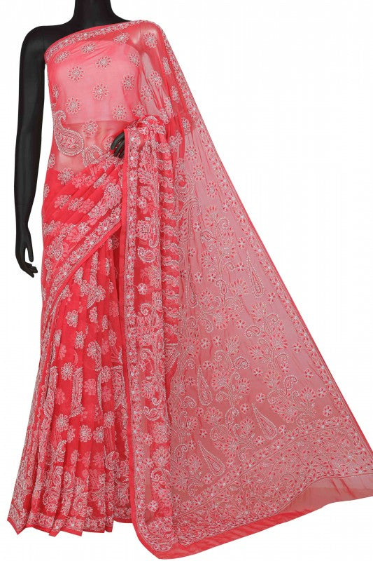 Ada Hand Embroidered Carrot Pink Georgette Lucknowi Chikankari Saree/Blouse With Pearl Work A599489