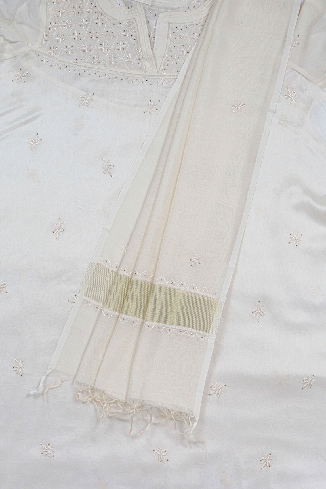 Ada Hand Embroidered White Chanderi Lucknowi Chikankari Unstitched Kurta Dupatta Set With Muqaish Work A595356