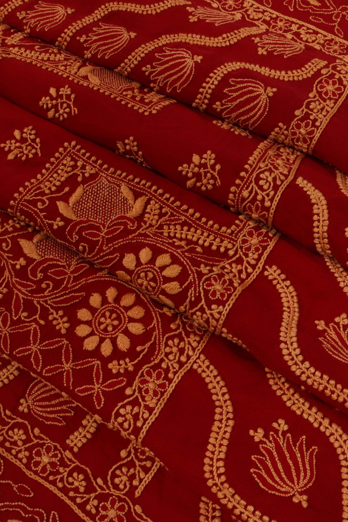 Ada Hand Embroidered Rust and Red Ombre Shade Pure Georgette Lucknowi Chikankari Saree With Blouse 01A224311