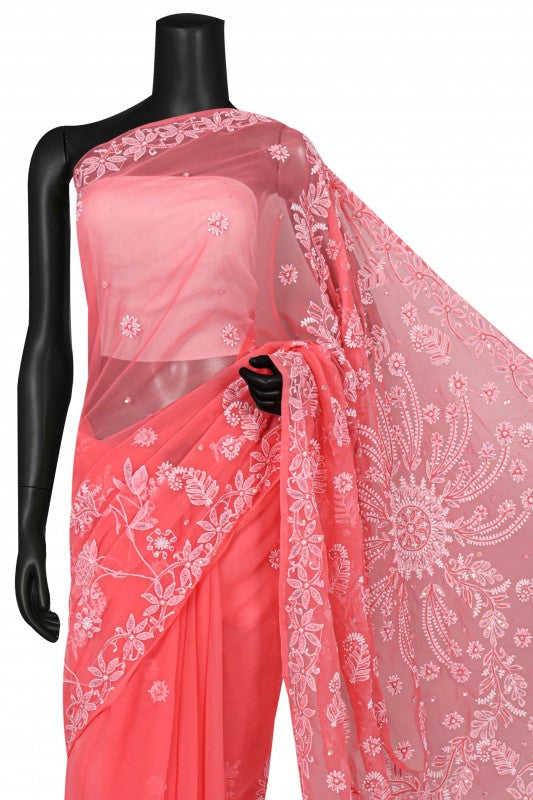 Ada Hand Embroidered Carrot Pink Georgette Lucknowi Chikankari Saree/Blouse With Pearl Work 01A194037