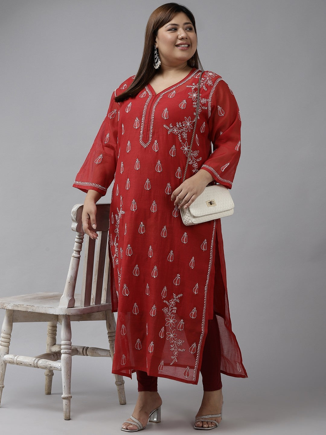 Ada Hand Embroidered Maroon Chanderi Lucknow ChikanKari Straight Kurta A411374