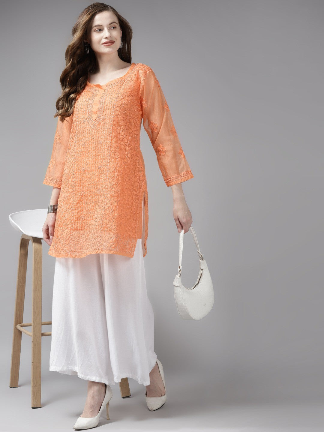 Ada Hand Embroidered Orange Organza Lucknowi Chikankari Kurti With Slip A911163