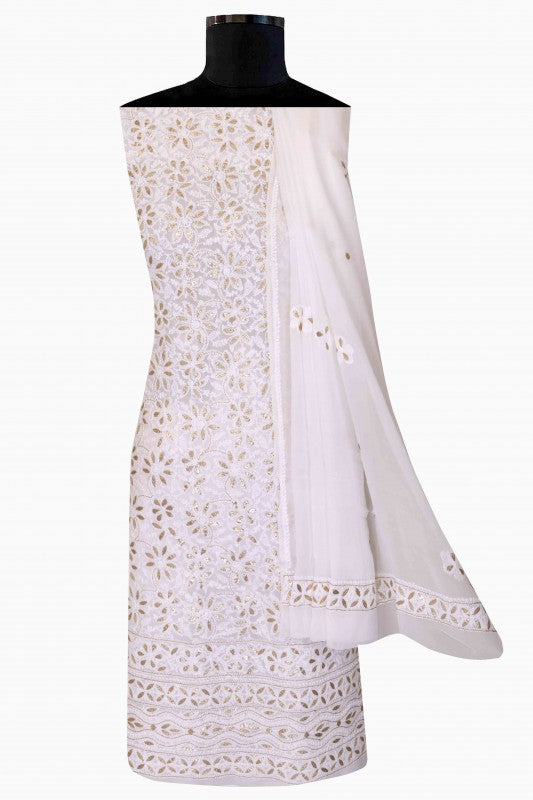 Ada Hand Embroidered White Georgette Lucknowi Chikan Unstitched Kurta Dupatta Set With Gota Patti Work - A618294