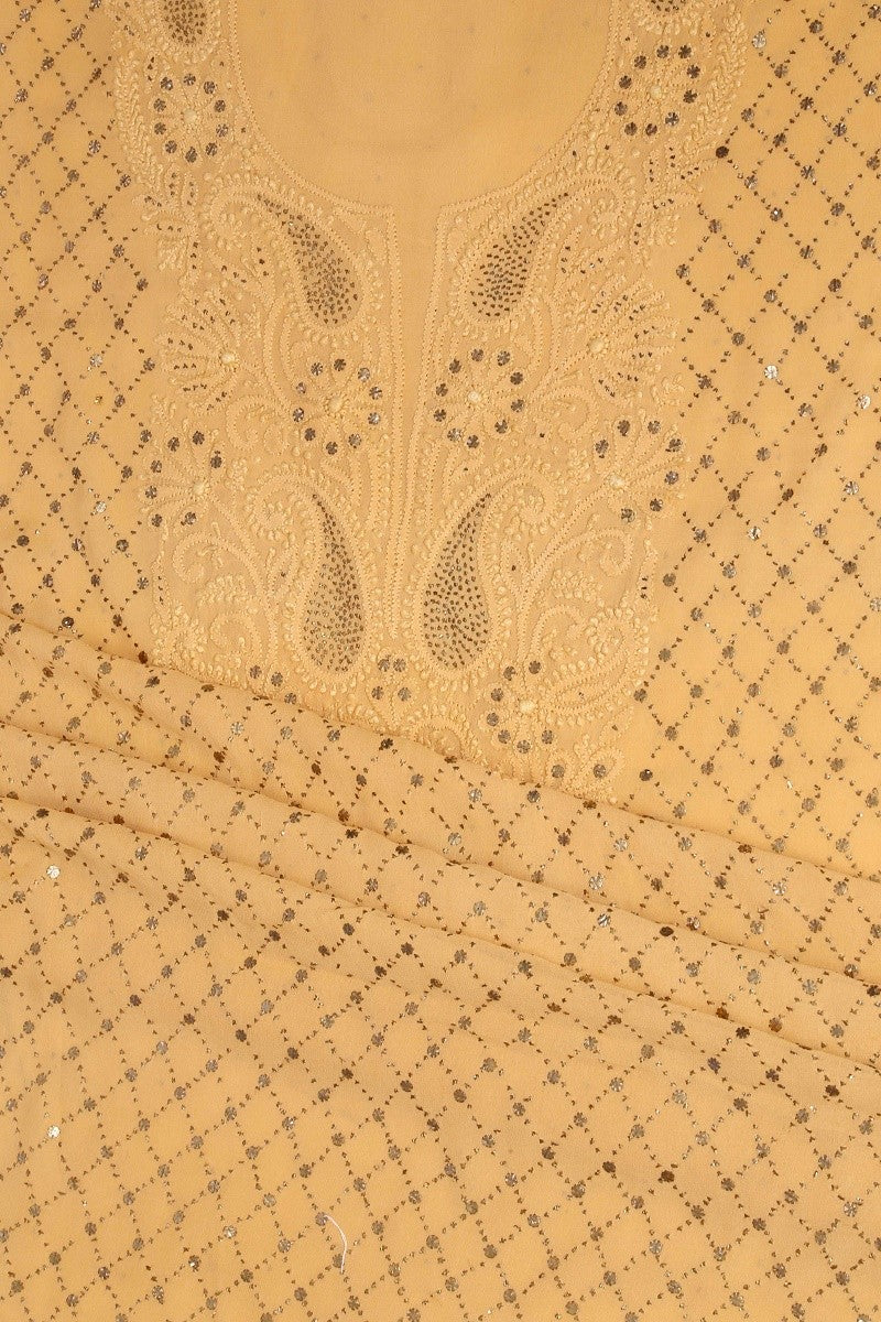 Ada Hand Embroidered Fawn Pure Georgette Lucknowi Chikan Unstitched Kurta Piece With Muqaish Work A302895