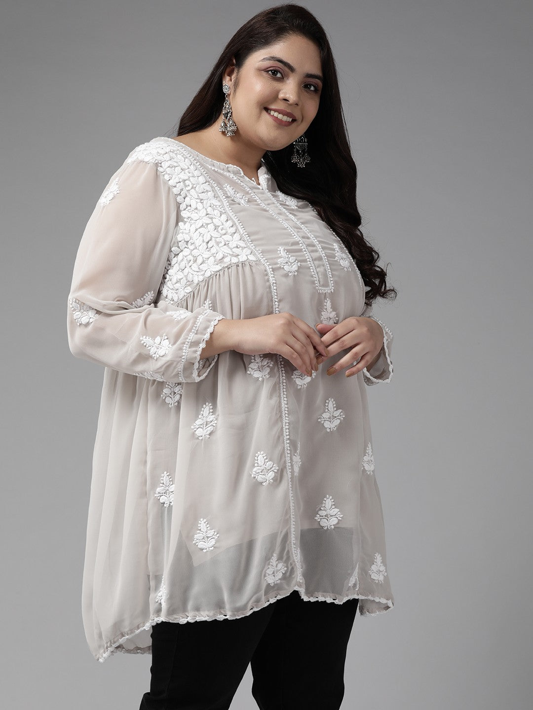 Ada Hand Embroidered Light Grey Georgette Lucknowi Chikankari Flared Kurti With Slip A911256