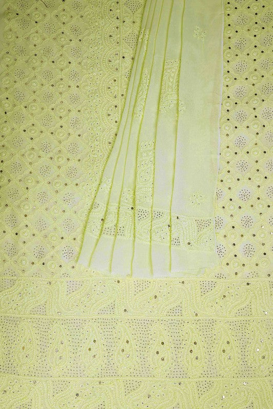 Ada Hand Embroidered Pastel Green Georgette Lucknowi Chikan Unstitched Kurta Dupatta With Muqaish Work-A610176