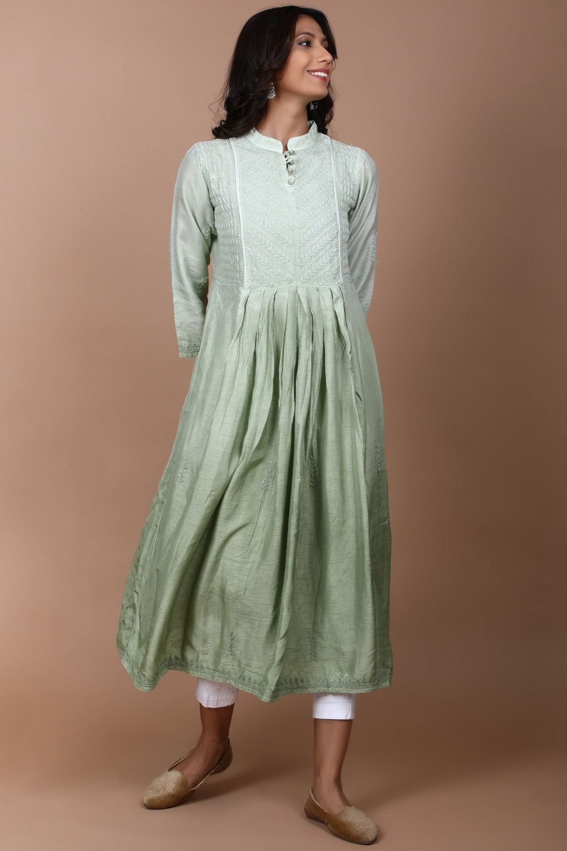 Ada Hand Embroidered Pista Green Chanderi Lucknowi Chikankari A-Line Kurta 01A278811