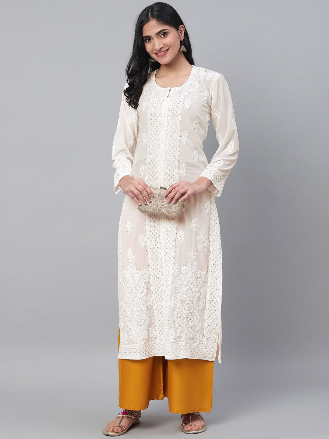 Ada Hand Embroidered White Georgette Lucknowi Chikankari Straight Kurta with Muqaish Work A100580