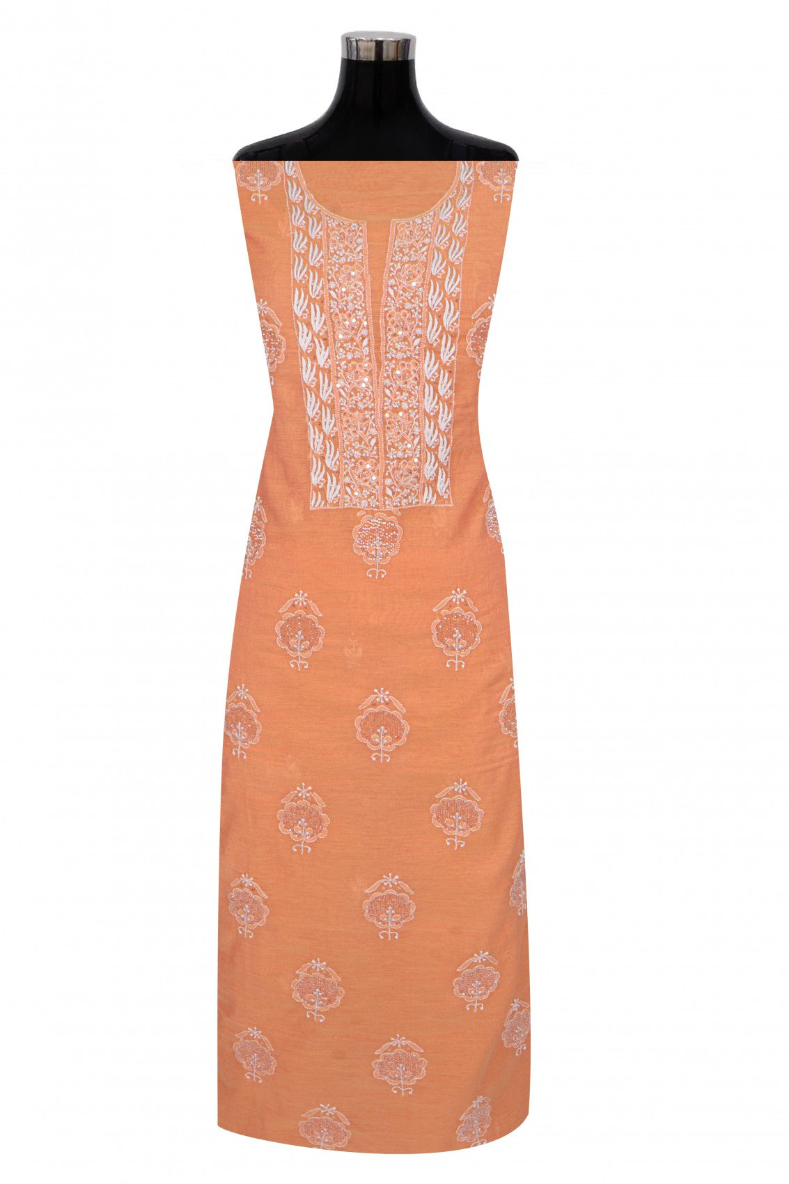 Ada Hand Embroidered Peach Chanderi Lucknowi Chikankari Unstitched Kurta Dupatta Set With Cutdana Work 01A196838