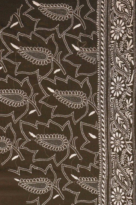 Ada Hand Embroidered Rust/Dark Olive Green Pure Georgette Lucknow Chikan Saree With Blouse-A290028