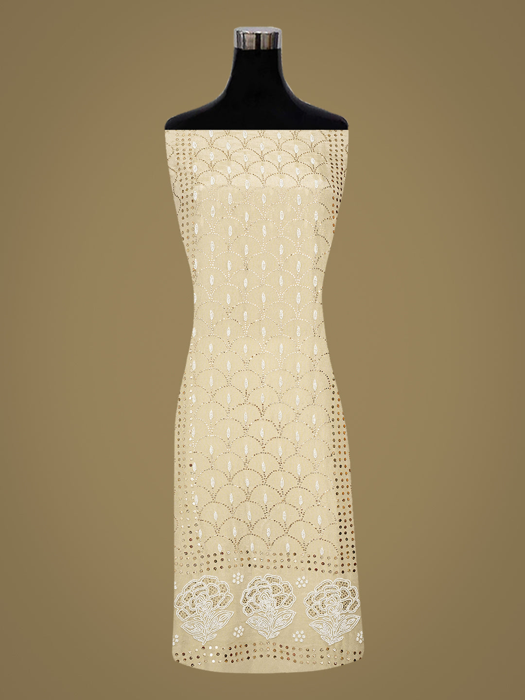 Ada Fawn Tissue Lucknowi Chikankari Unstitched Kurta Dupatta Set With Pearl & Muqaish/Mukaish Work 01A972630