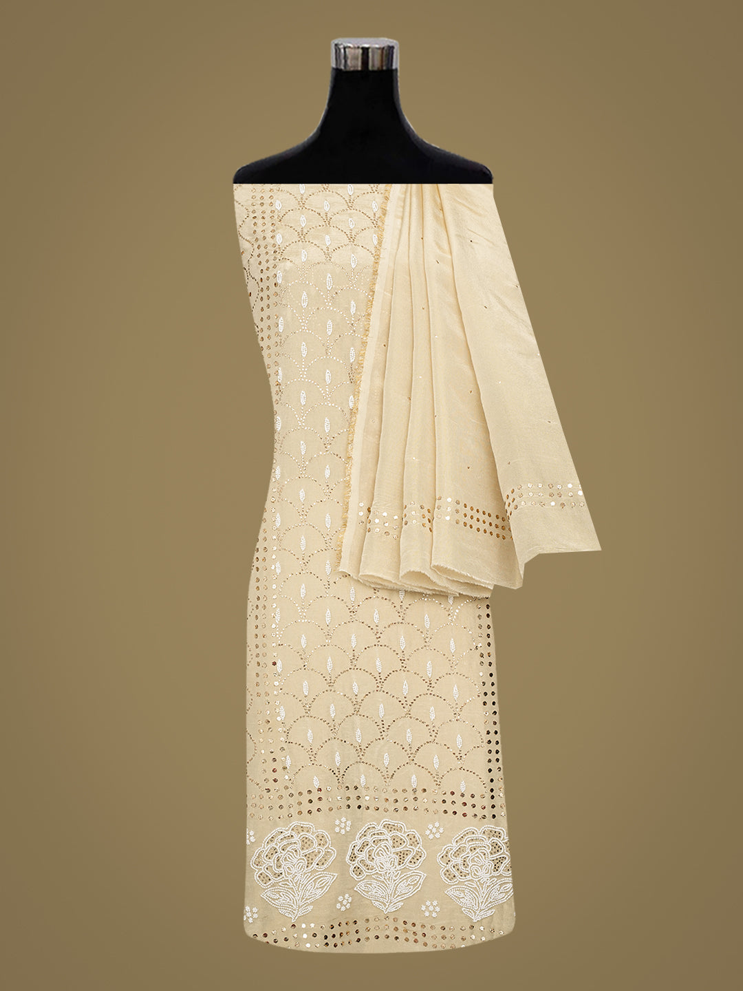 Ada Fawn Tissue Lucknowi Chikankari Unstitched Kurta Dupatta Set With Pearl & Muqaish/Mukaish Work 01A972630
