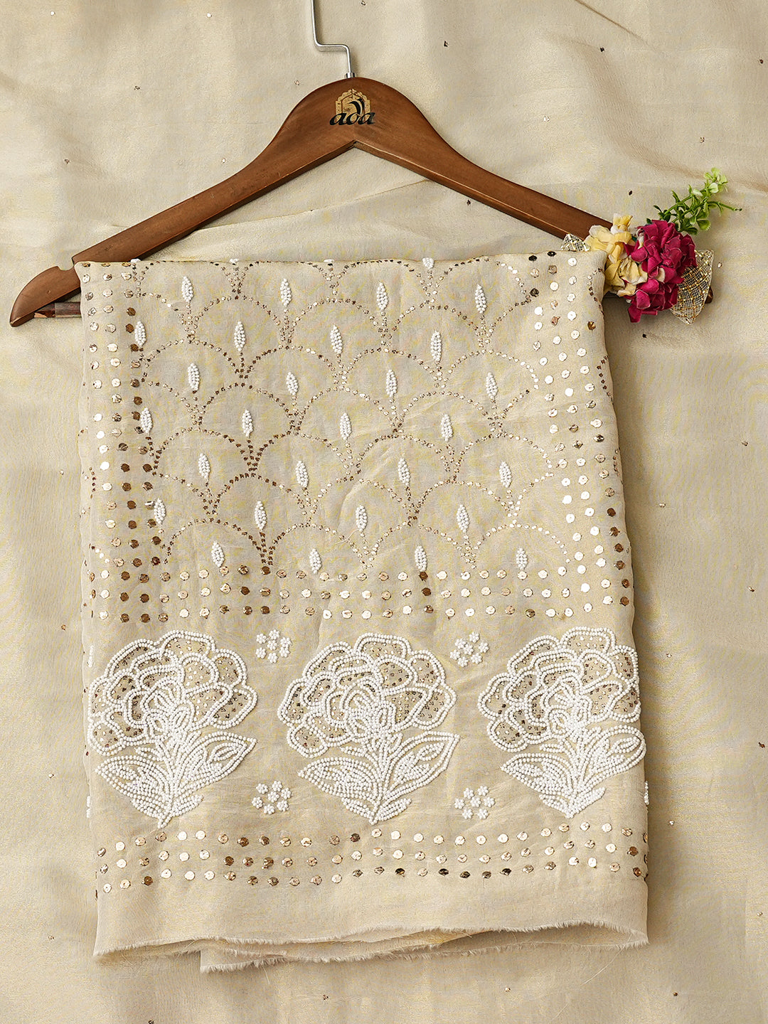 Ada Fawn Tissue Lucknowi Chikankari Unstitched Kurta Dupatta Set With Pearl & Muqaish/Mukaish Work 01A972630