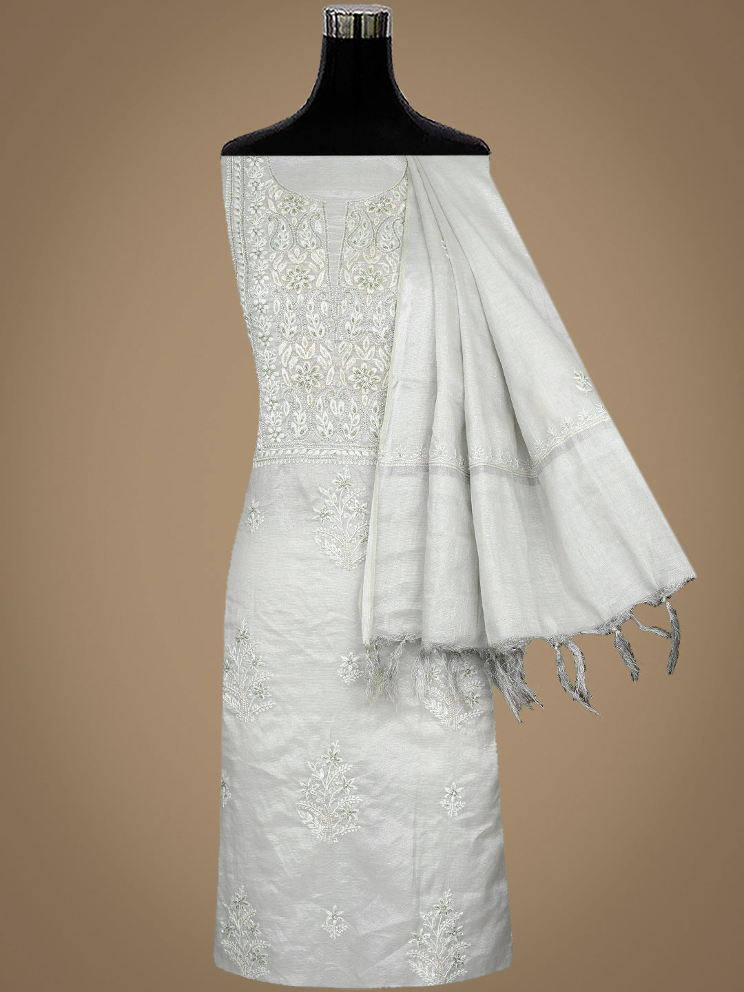 Ada Hand Embroidered Ash Grey Tissue Lucknowi Chikankari Unstitched Kurta Dupatta Set With Cutdana Work 01A901628