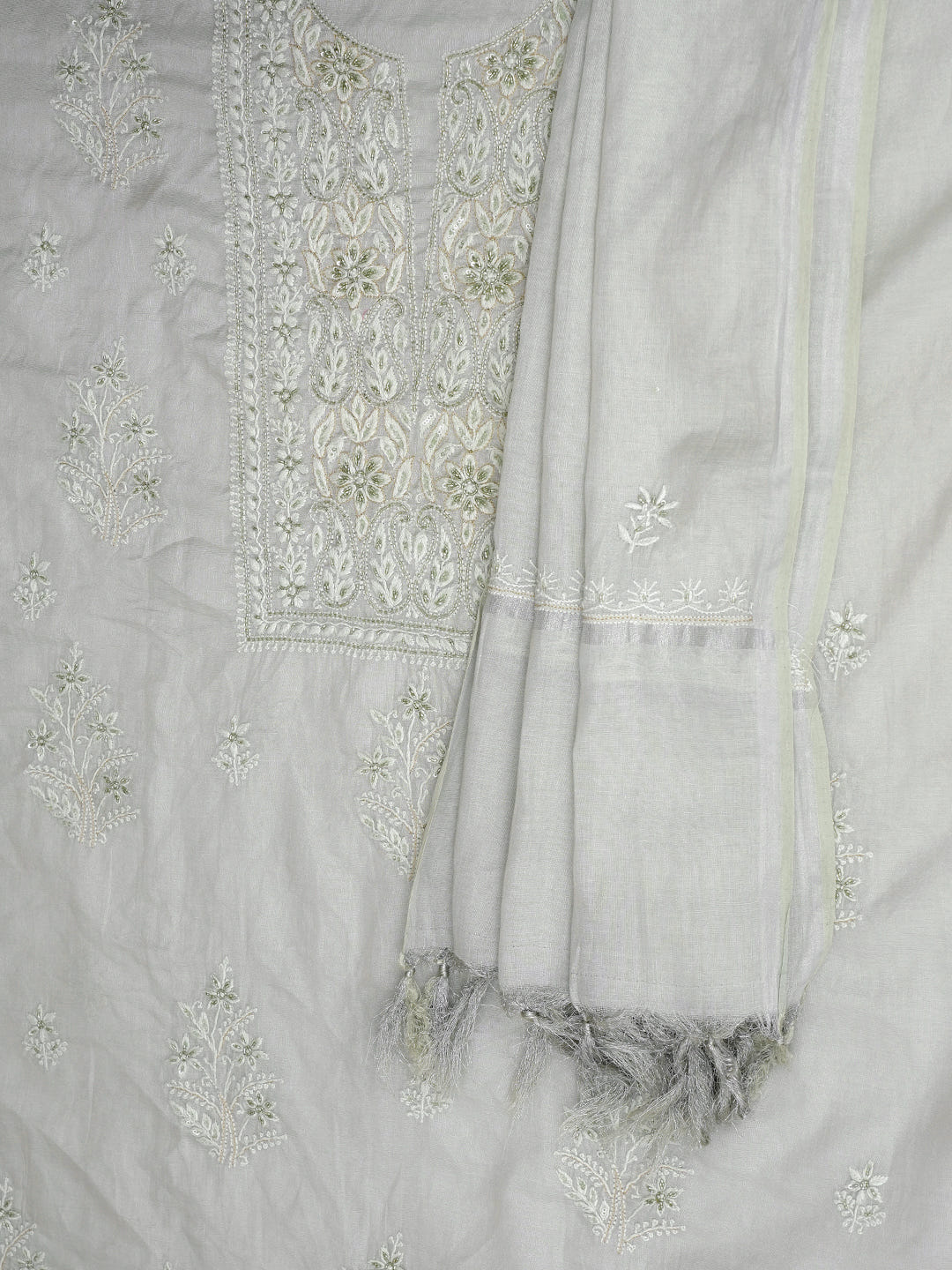 Ada Hand Embroidered Ash Grey Tissue Lucknowi Chikankari Unstitched Kurta Dupatta Set With Cutdana Work 01A901628