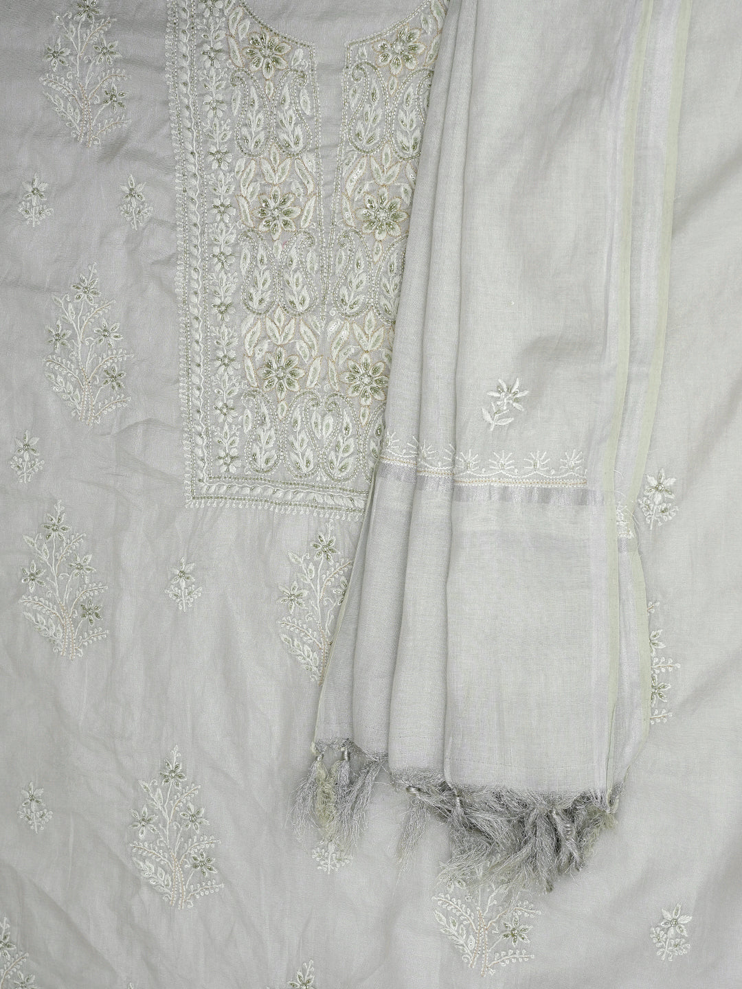 Ada Hand Embroidered Ash Grey Tissue Lucknowi Chikankari Unstitched Kurta Dupatta Set With Cutdana Work 01A901628
