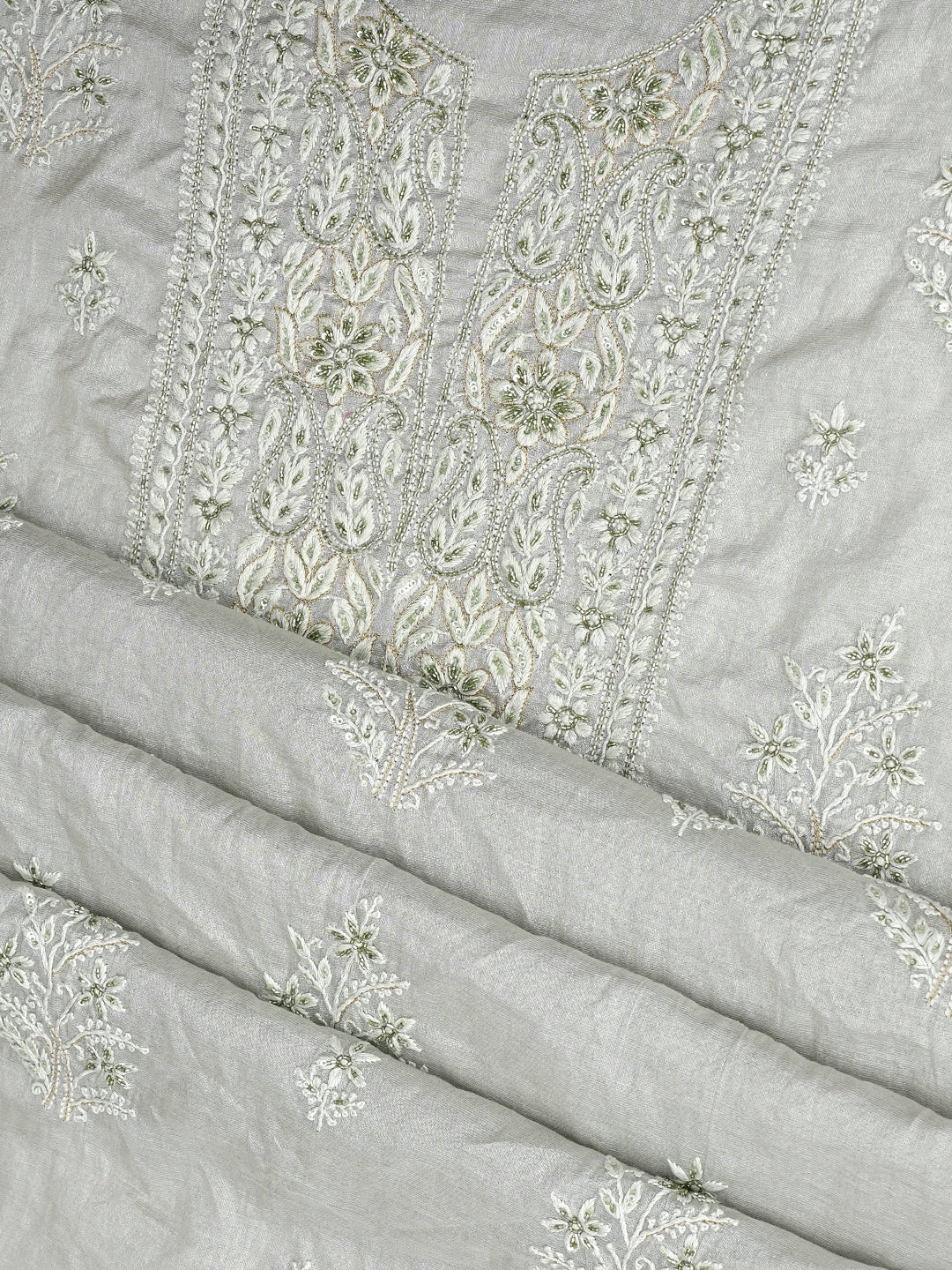 Ada Hand Embroidered Ash Grey Tissue Lucknowi Chikankari Unstitched Kurta Dupatta Set With Cutdana Work 01A901628
