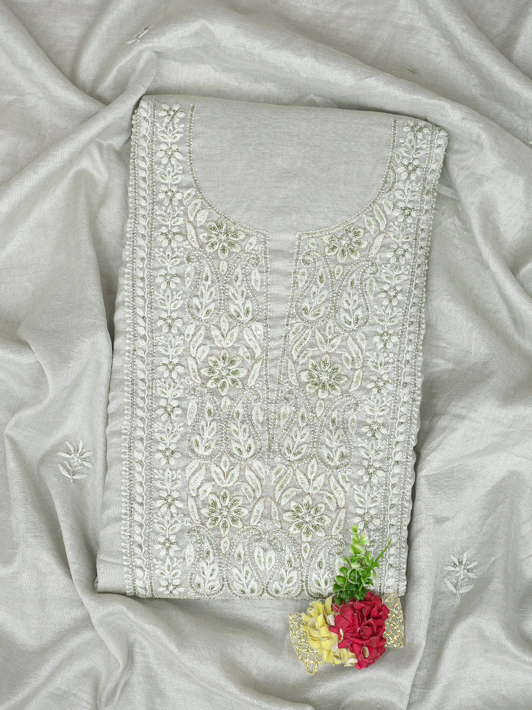 Ada Hand Embroidered Ash Grey Tissue Lucknowi Chikankari Unstitched Kurta Dupatta Set With Cutdana Work 01A901628