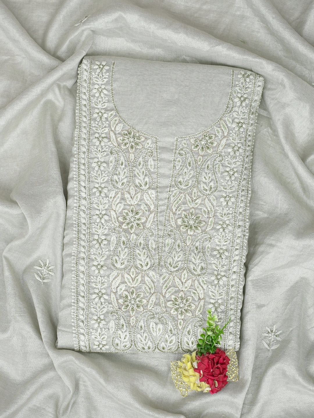Ada Hand Embroidered Ash Grey Tissue Lucknowi Chikankari Unstitched Kurta Dupatta Set With Cutdana Work 01A901628
