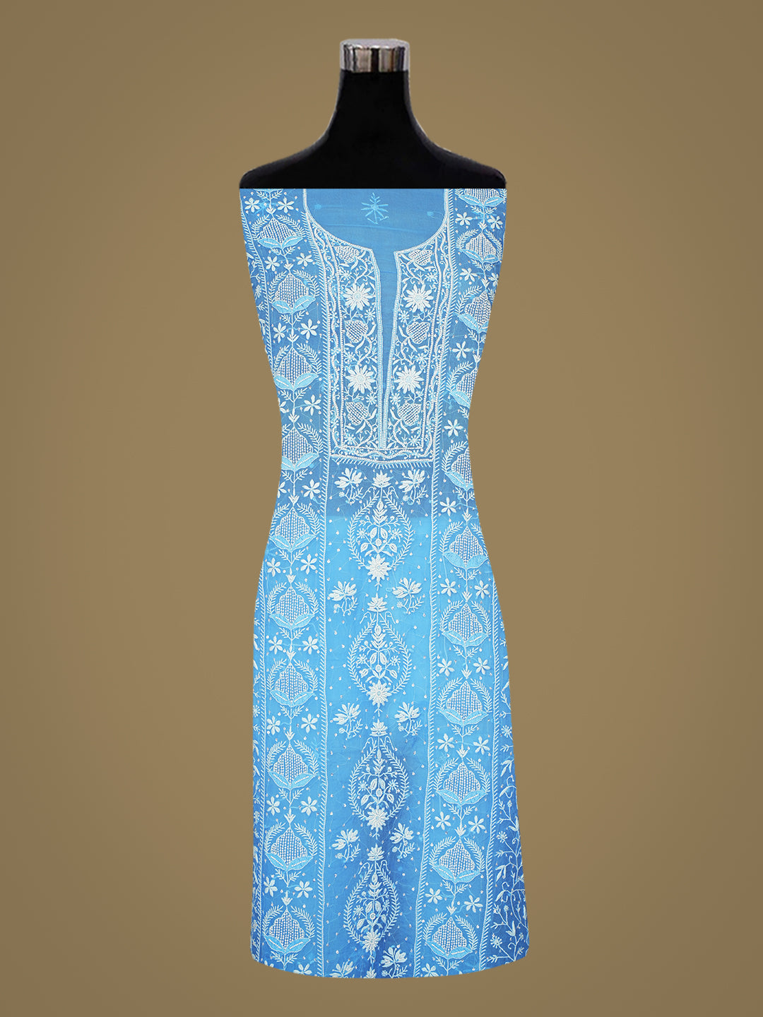 Ada Hand Embroidered Azure Blue Organza Lucknowi Chikankari Unstitched Kurta Dupatta Set With Pearl Work 01A987694