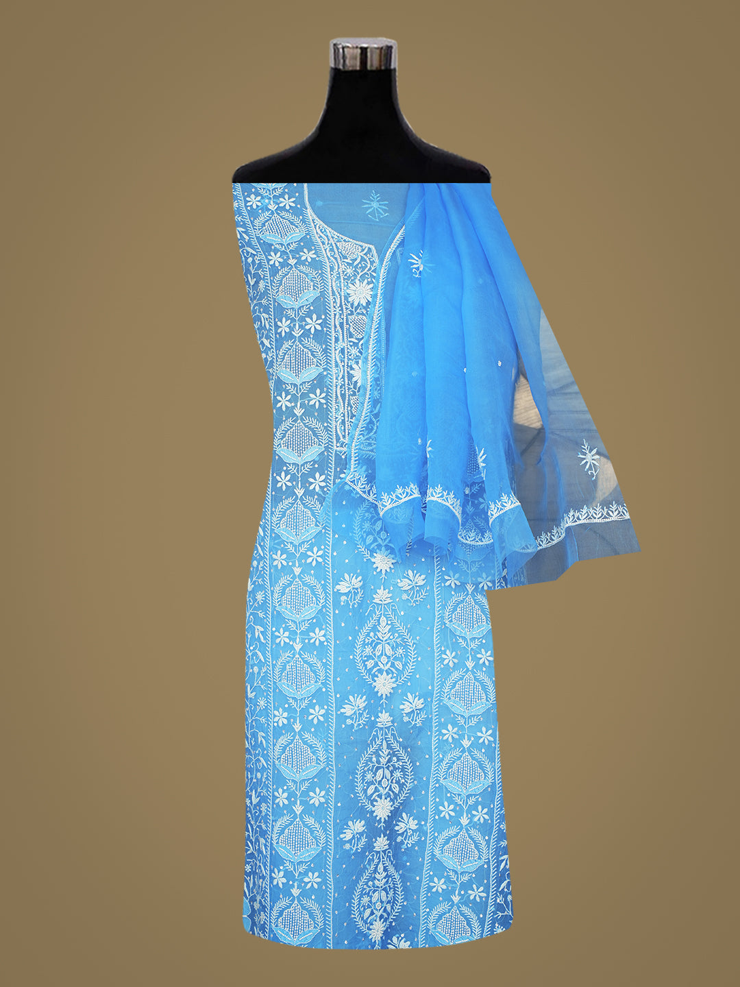 Ada Hand Embroidered Azure Blue Organza Lucknowi Chikankari Unstitched Kurta Dupatta Set With Pearl Work 01A987694