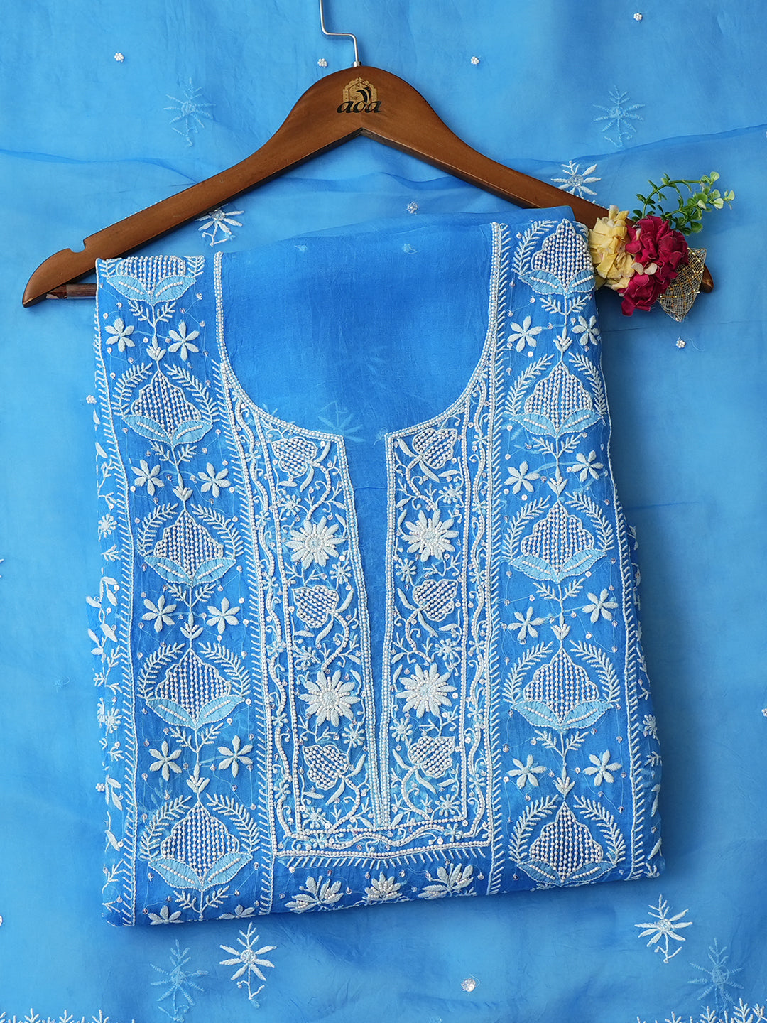 Ada Hand Embroidered Azure Blue Organza Lucknowi Chikankari Unstitched Kurta Dupatta Set With Pearl Work 01A987694