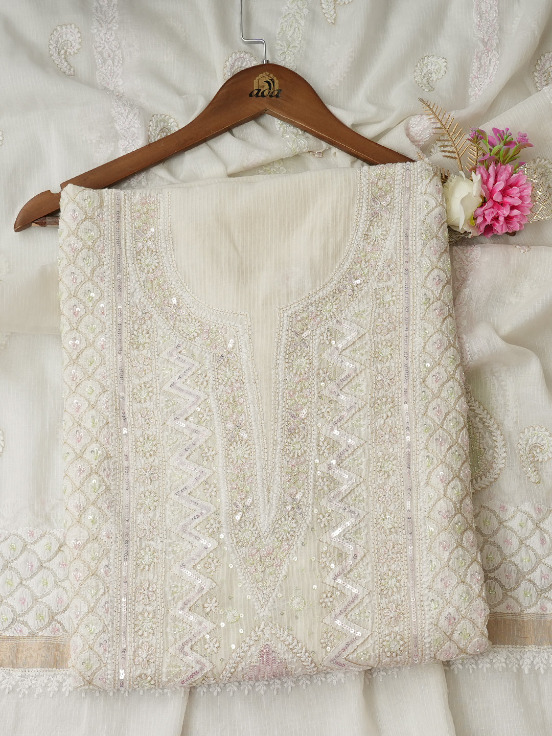 Ada Hand Embroidered Beige Chanderi Lucknowi Chikankari Unstitched Kurta Dupatta Set With Cutdana Work 01A984975