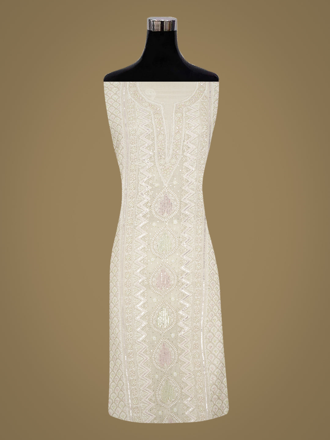 Ada Hand Embroidered Beige Chanderi Lucknowi Chikankari Unstitched Kurta Dupatta Set With Cutdana Work 01A984975