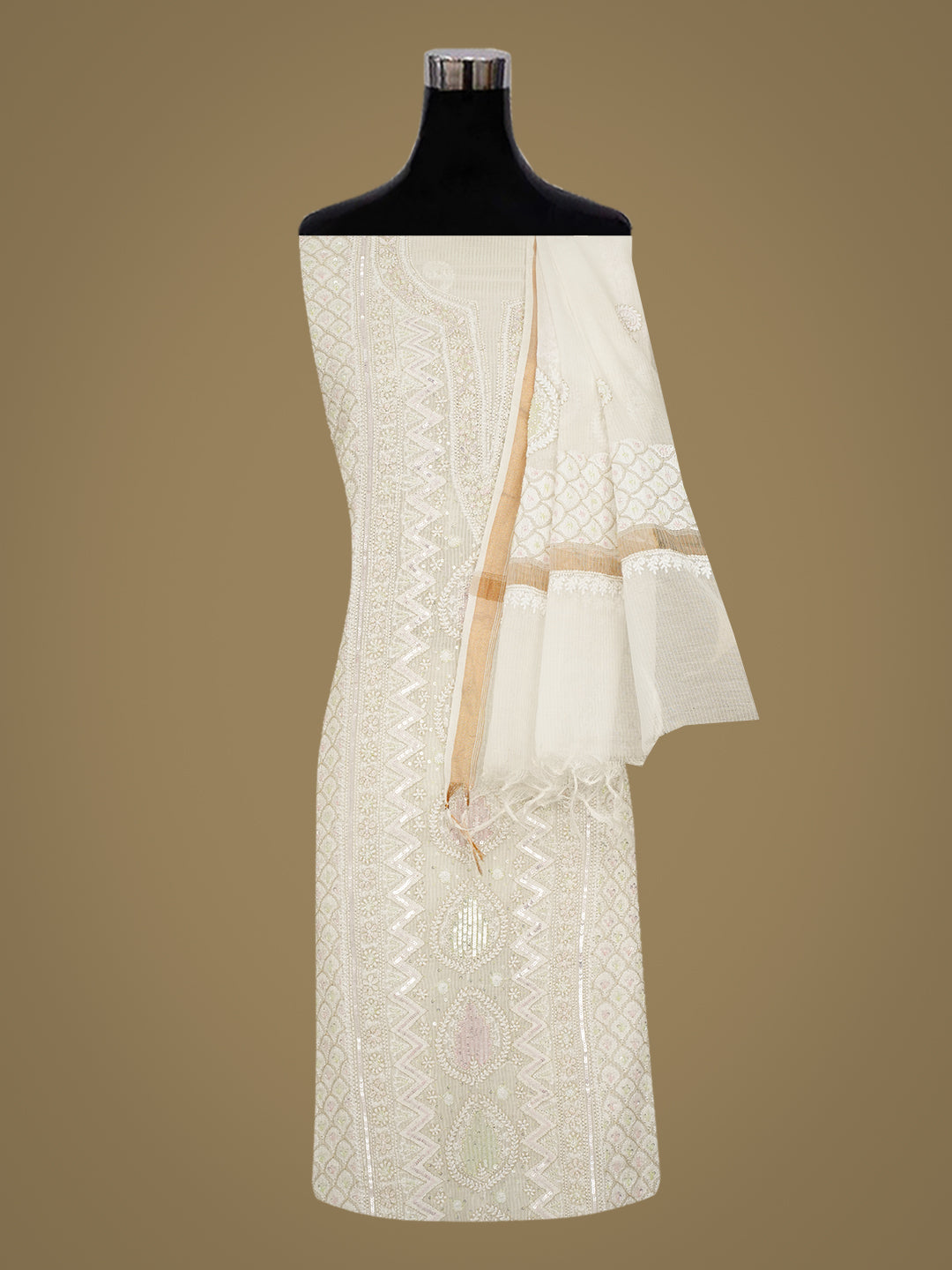 Ada Hand Embroidered Beige Chanderi Lucknowi Chikankari Unstitched Kurta Dupatta Set With Cutdana Work 01A984975