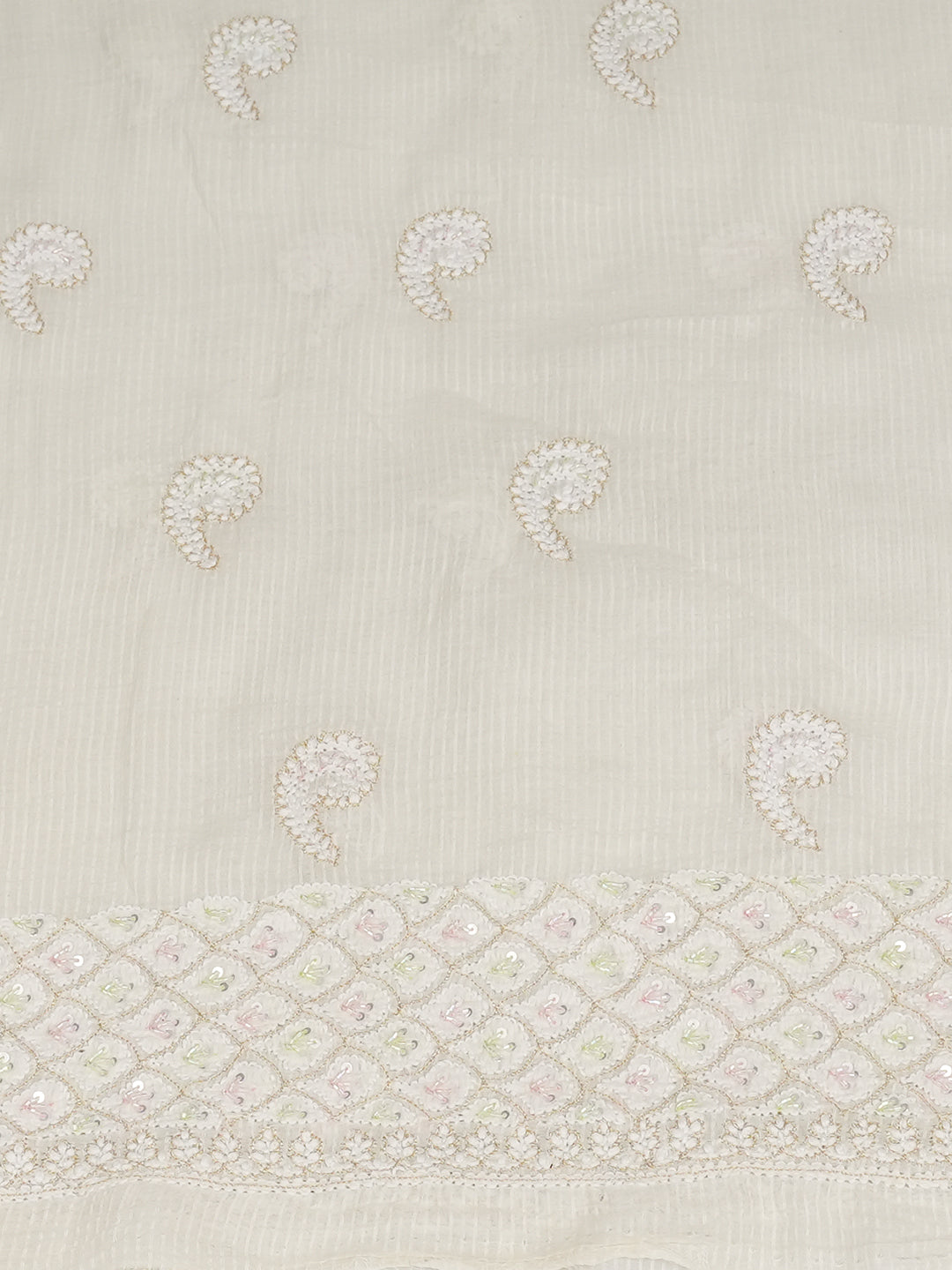 Ada Hand Embroidered Beige Chanderi Lucknowi Chikankari Unstitched Kurta Dupatta Set With Cutdana Work 01A984975
