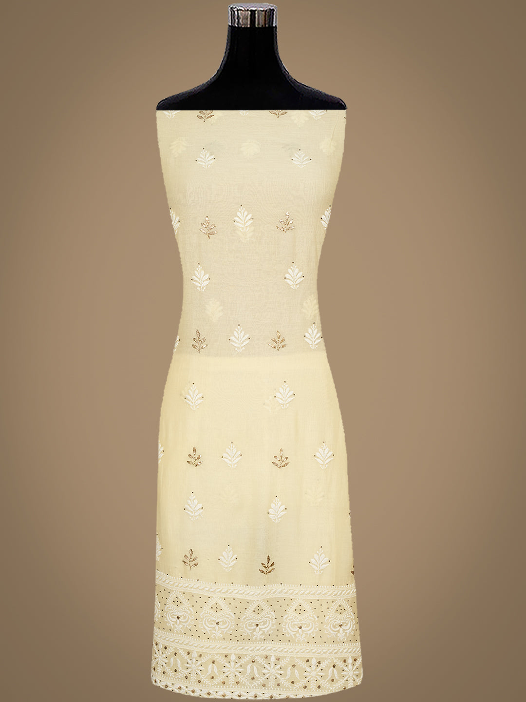 Ada Hand Embroidered Beige Chanderi Lucknowi Chikankari Unstitched Kurta Dupatta Set with Mukaish/Muqaish Work 01A480962