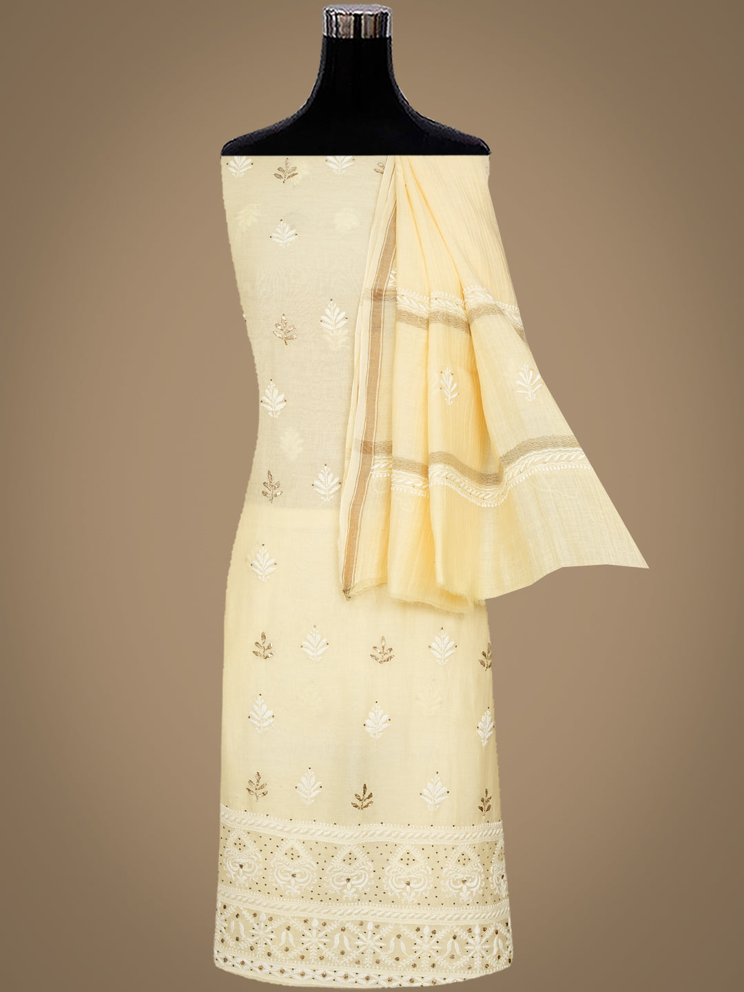 Ada Hand Embroidered Beige Chanderi Lucknowi Chikankari Unstitched Kurta Dupatta Set with Mukaish/Muqaish Work 01A480962