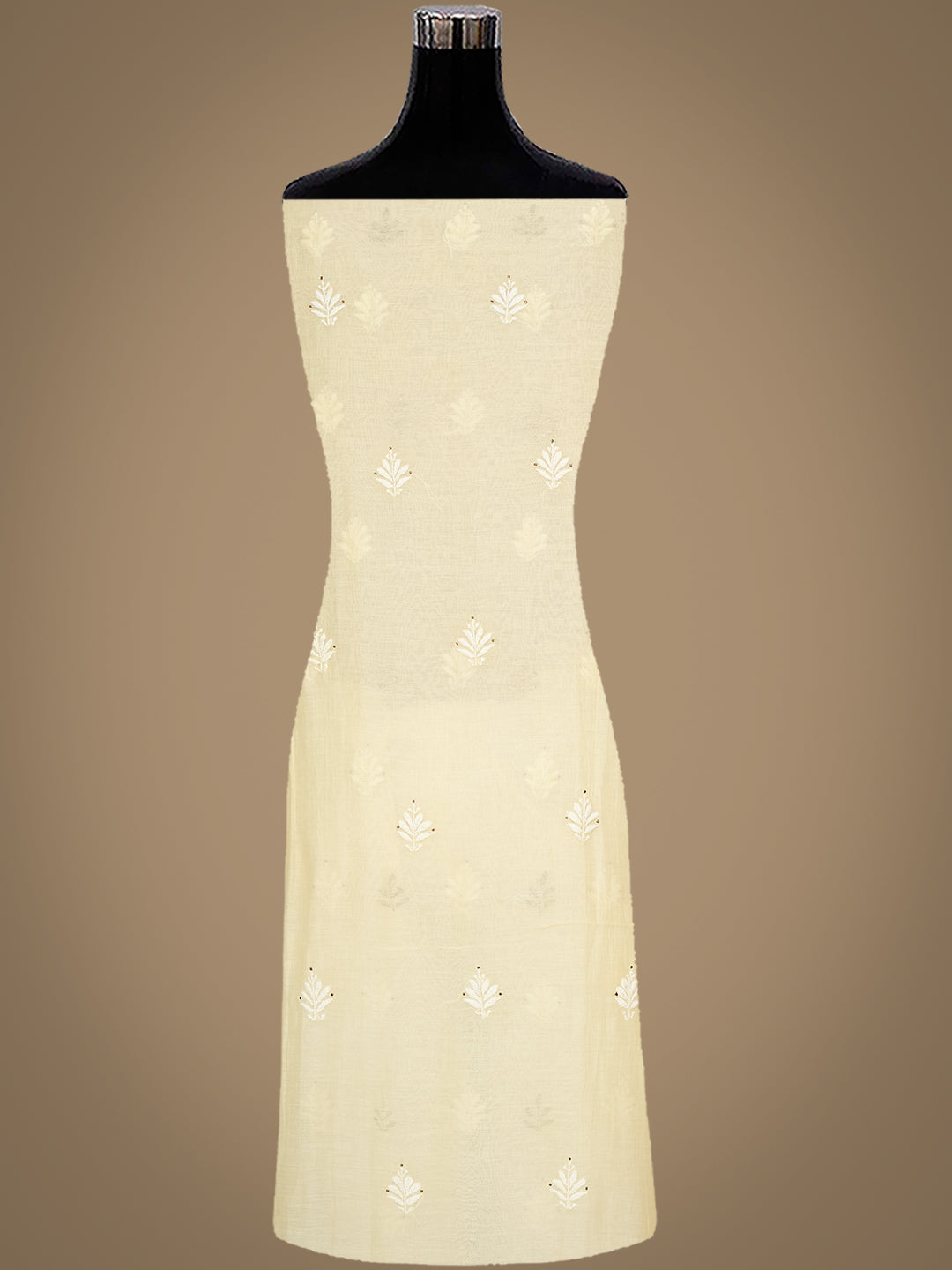 Ada Hand Embroidered Beige Chanderi Lucknowi Chikankari Unstitched Kurta Dupatta Set with Mukaish/Muqaish Work 01A480962