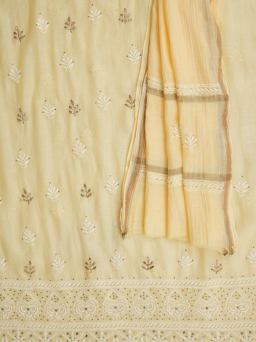 Ada Hand Embroidered Beige Chanderi Lucknowi Chikankari Unstitched Kurta Dupatta Set with Mukaish/Muqaish Work 01A480962