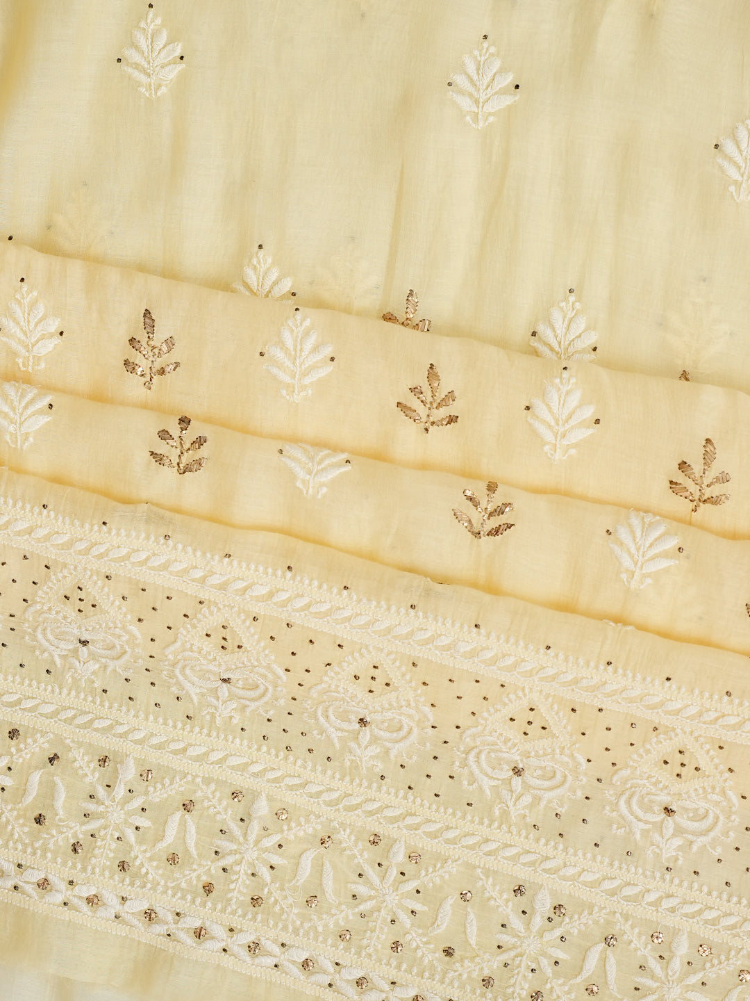 Ada Hand Embroidered Beige Chanderi Lucknowi Chikankari Unstitched Kurta Dupatta Set with Mukaish/Muqaish Work 01A480962