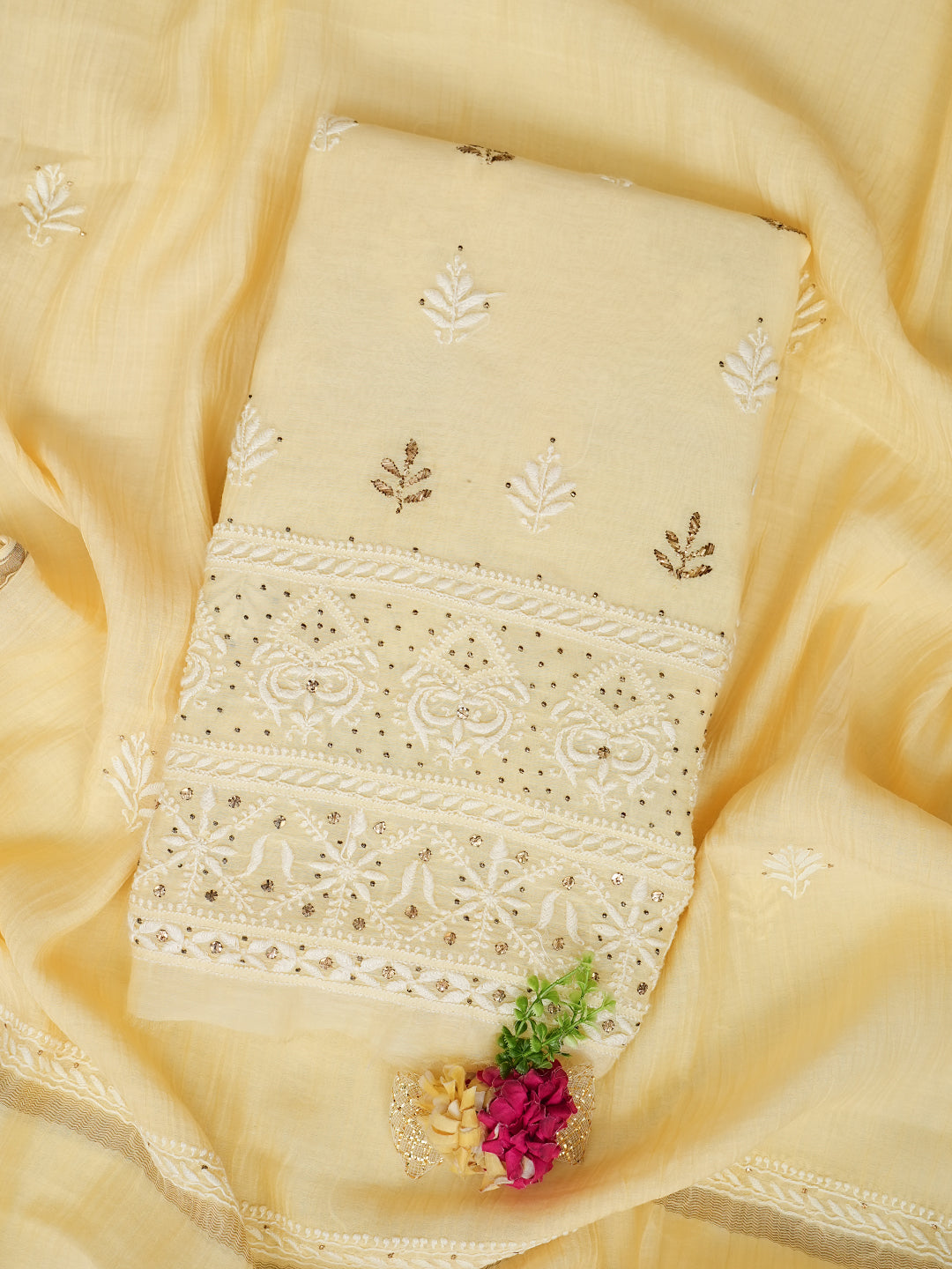 Ada Hand Embroidered Beige Chanderi Lucknowi Chikankari Unstitched Kurta Dupatta Set with Mukaish/Muqaish Work 01A480962