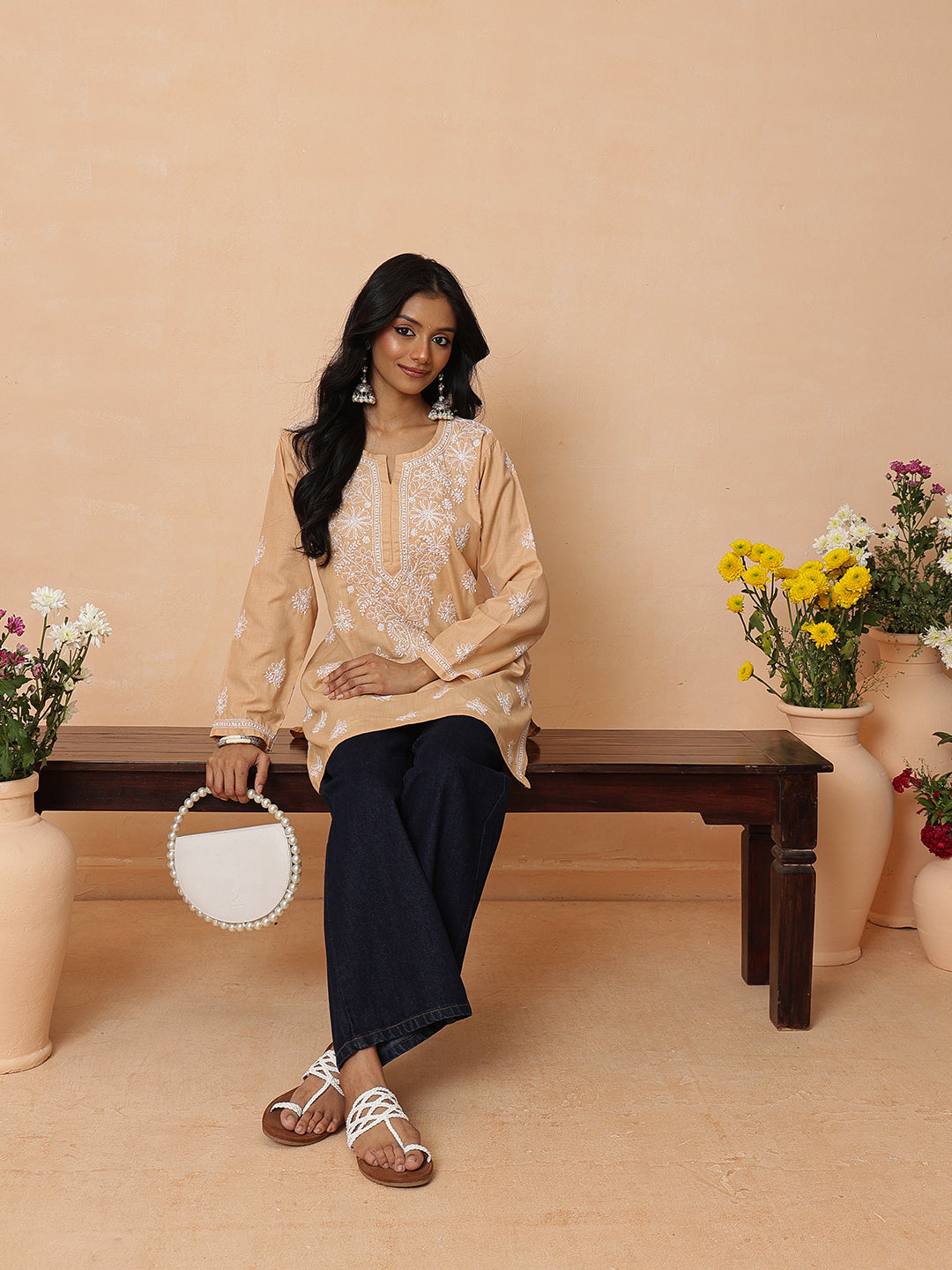 Ada Hand Embroidered Beige Cotton Lucknowi Chikankari Short Kurti A911568