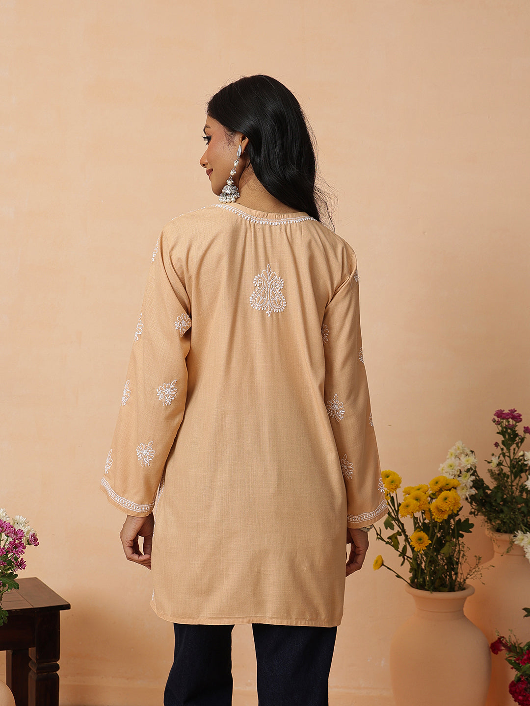 Ada Hand Embroidered Beige Cotton Lucknowi Chikankari Short Kurti A911568