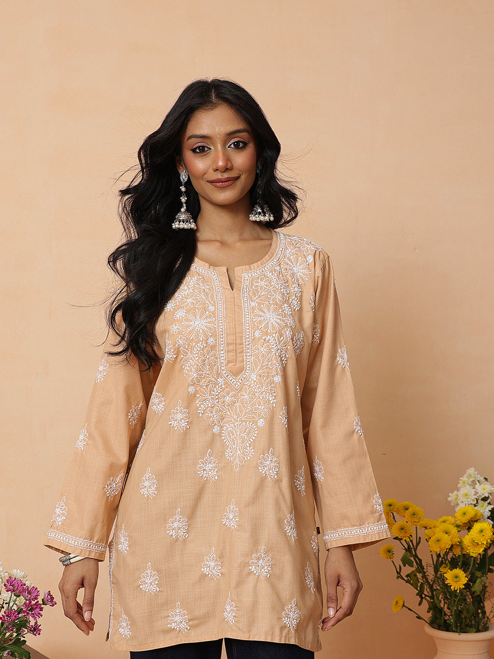 Ada Hand Embroidered Beige Cotton Lucknowi Chikankari Short Kurti A911568