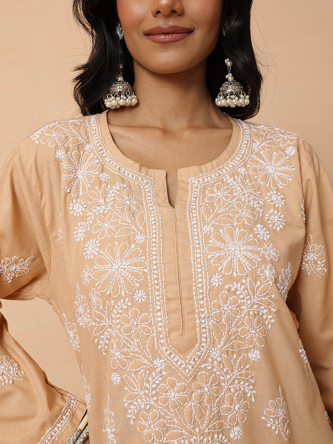 Ada Hand Embroidered Beige Cotton Lucknowi Chikankari Short Kurti A911568