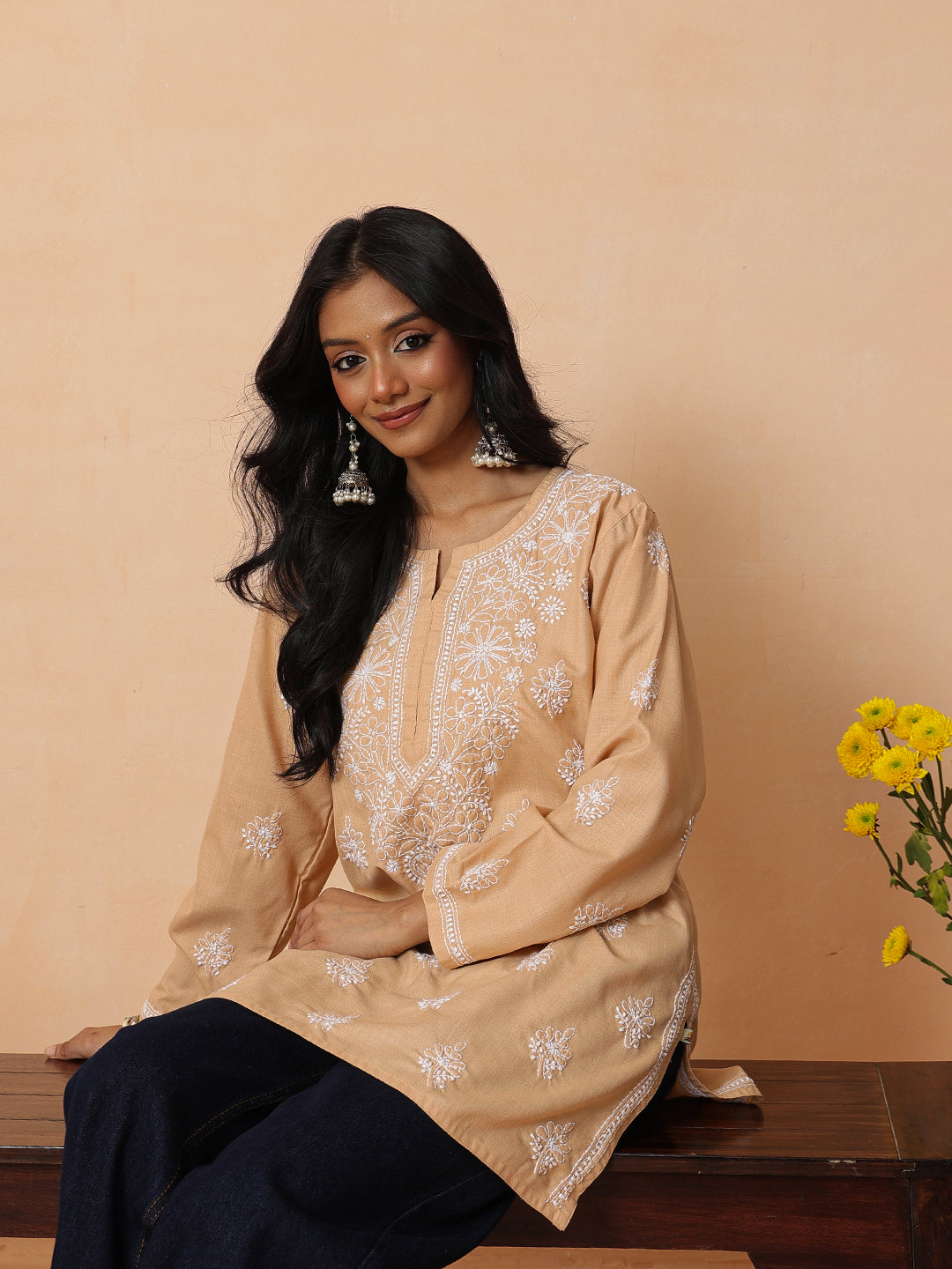 Ada Hand Embroidered Beige Cotton Lucknowi Chikankari Short Kurti A911568