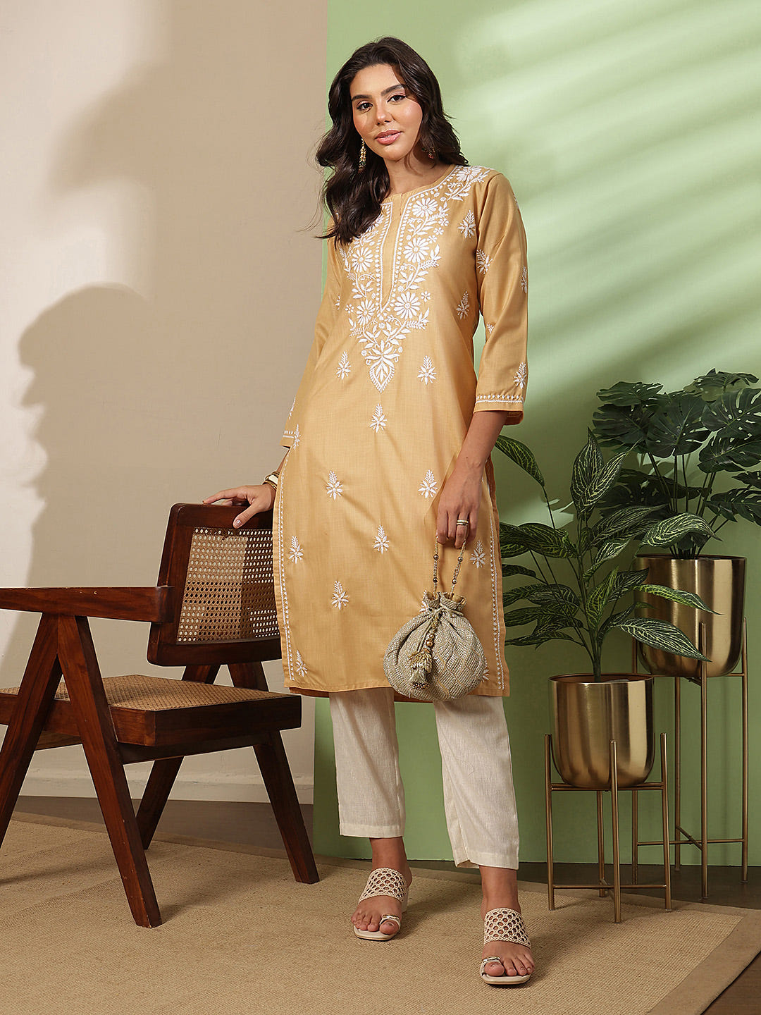 Ada Hand Embroidered Beige Cotton Lucknowi Chikankari Straight Kurta A411812