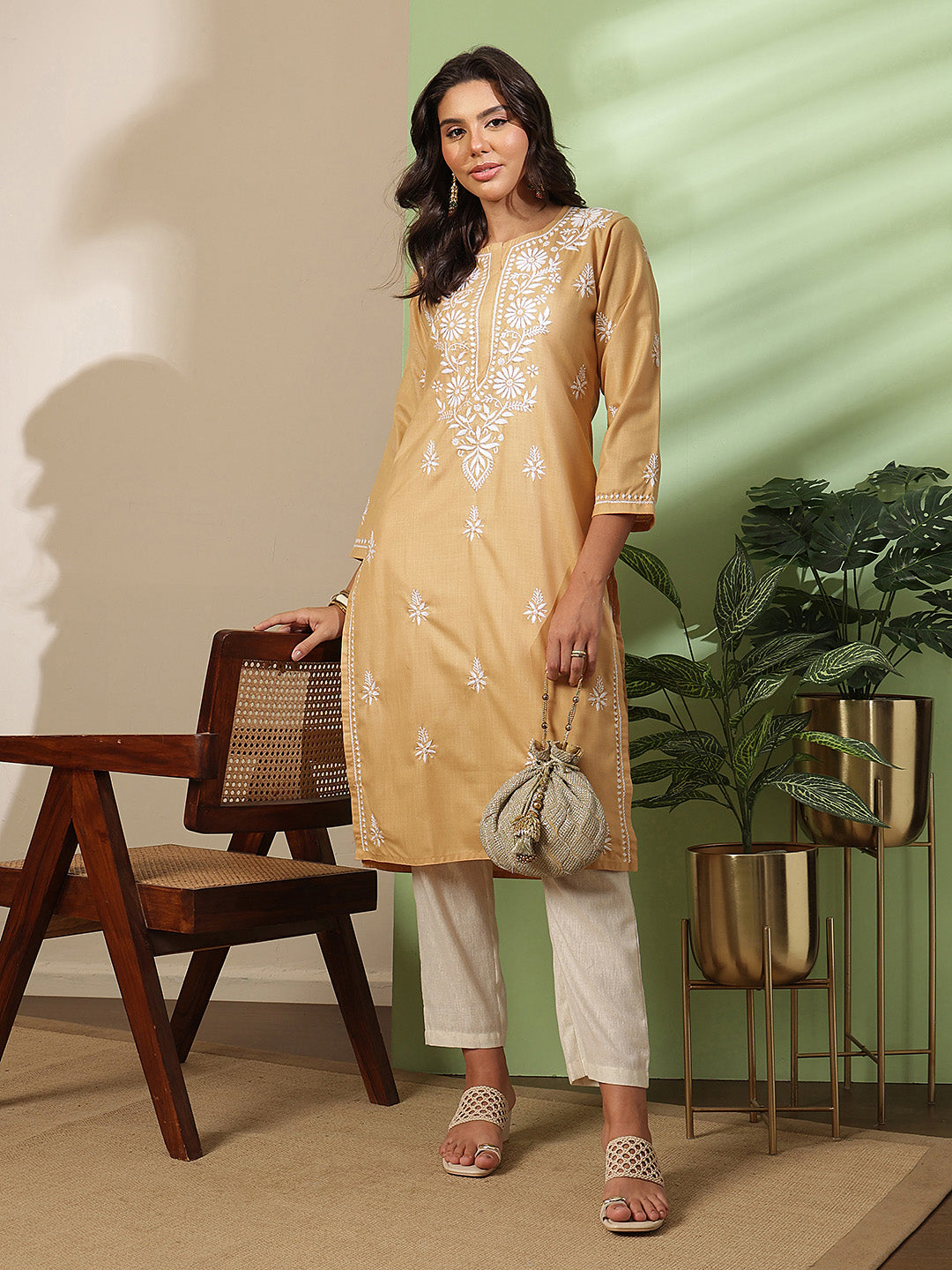 Ada Hand Embroidered Beige Cotton Lucknowi Chikankari Straight Kurta A411812
