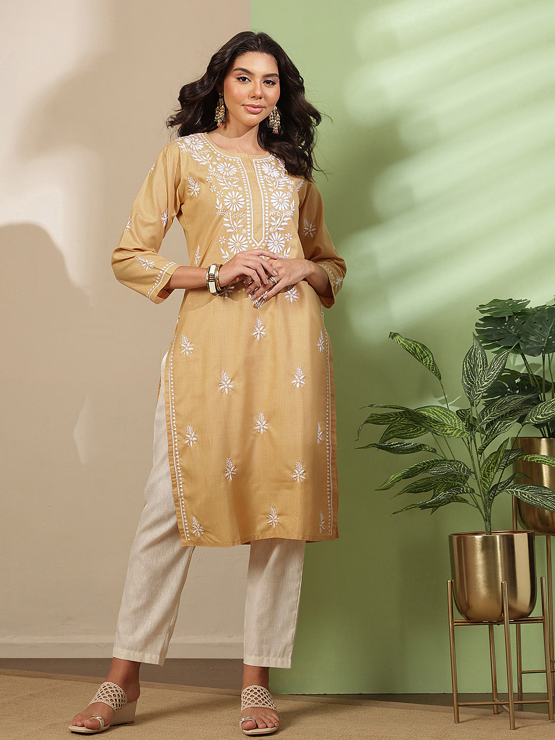 Ada Hand Embroidered Beige Cotton Lucknowi Chikankari Straight Kurta A411812