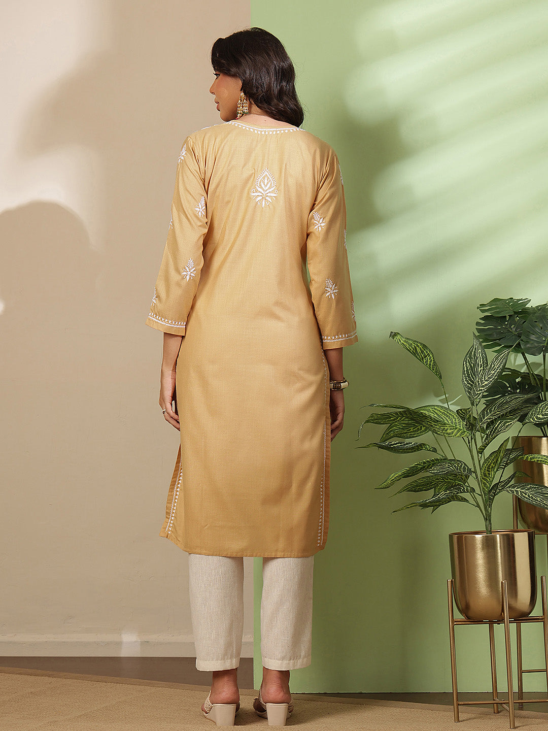 Ada Hand Embroidered Beige Cotton Lucknowi Chikankari Straight Kurta A411812