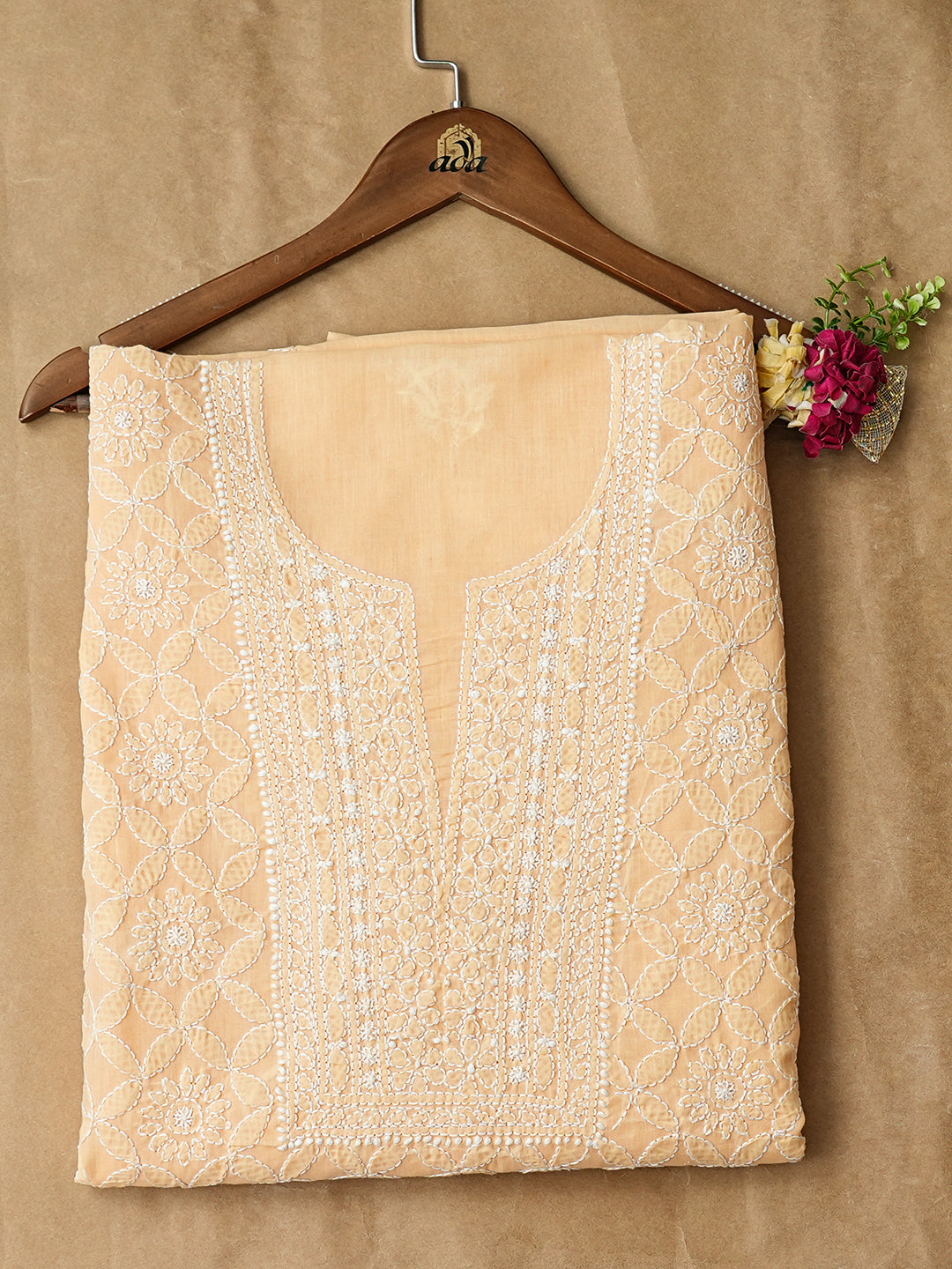 Ada Hand Embroidered Beige Cotton Lucknowi Chikankari Unstitched Kurta 01A724490