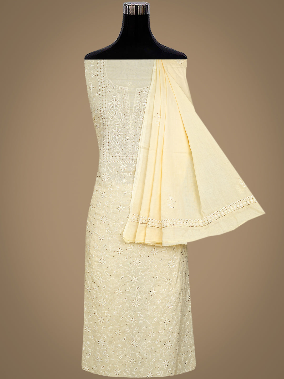 Ada Hand Embroidered Beige Cotton Lucknowi Chikankari Unstitched Suit Piece With Mukaish Work 01A362234