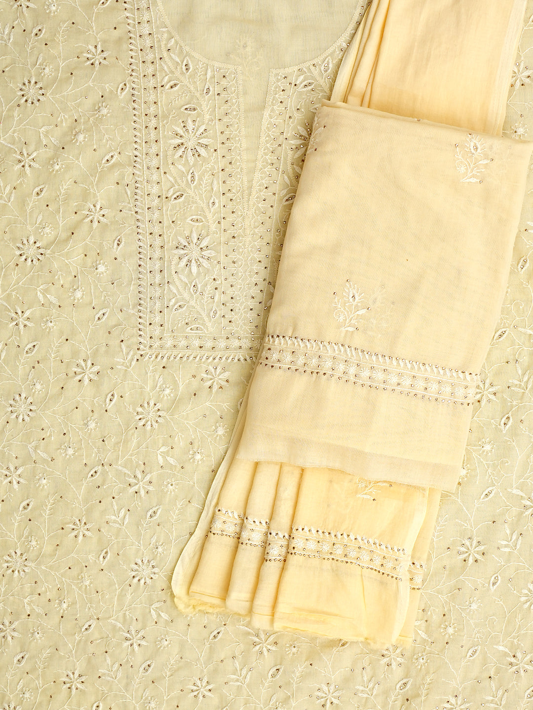 Ada Hand Embroidered Beige Cotton Lucknowi Chikankari Unstitched Suit Piece With Mukaish Work 01A362234